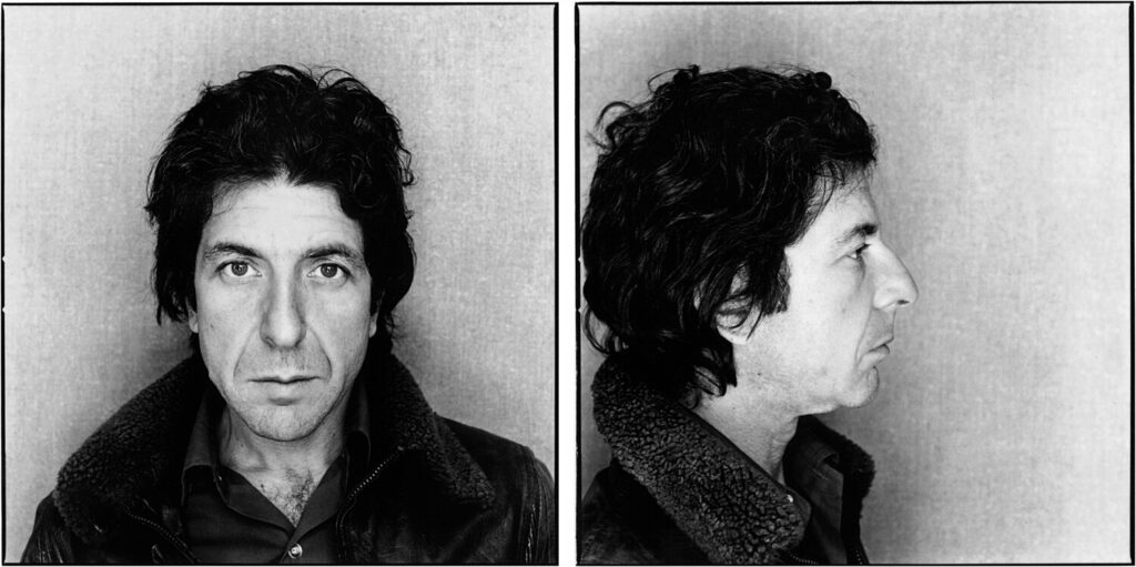 Two black and white photos of head and shoulders of Leonard Cohen. In the first photo he faces the camera, in the second he faces to the right. He is wearing an open-neck shirt and a dark jacket with a wool collar.